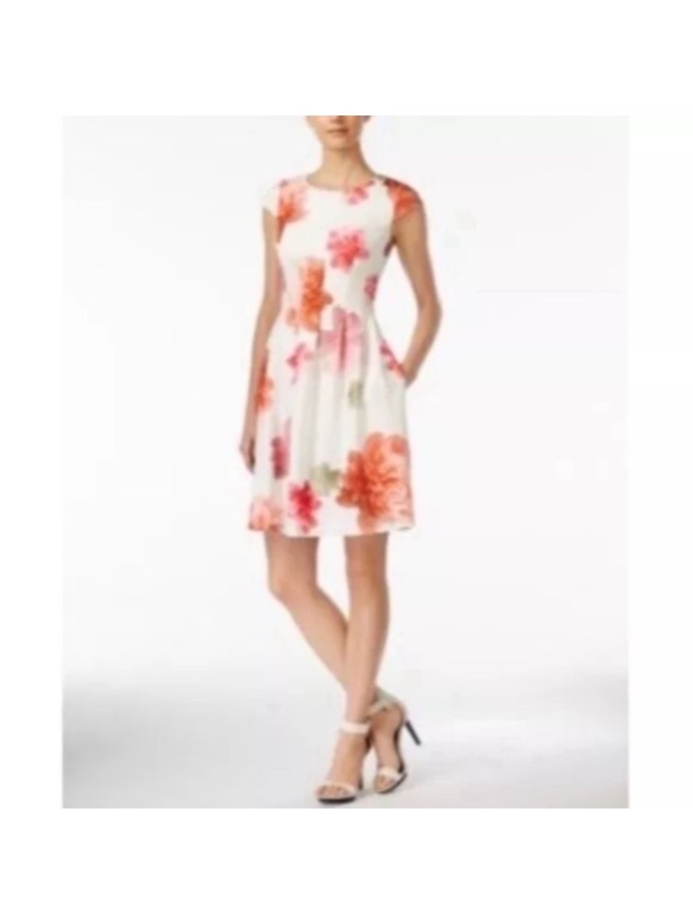 Calvin Klein Cap-sleeve Floral-print Scuba Fit & Flare Dress Size 4P - Picture 2 of 7